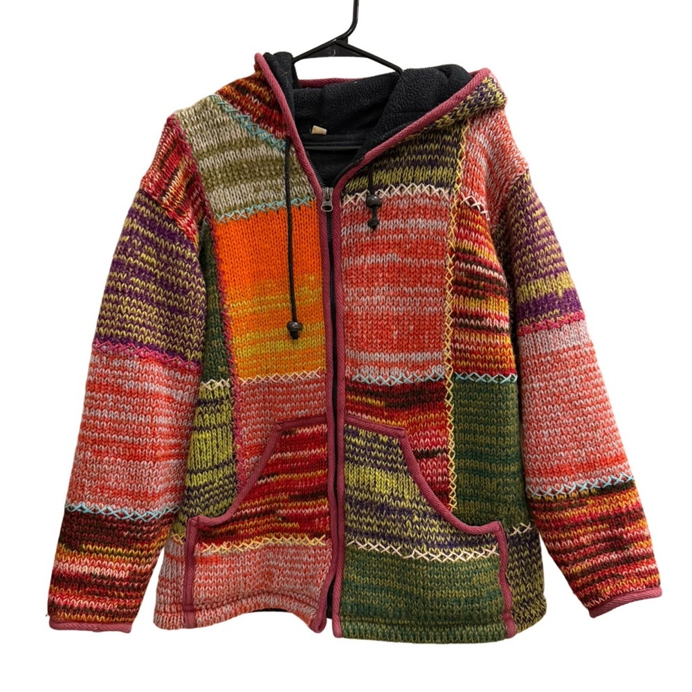 Hand knitted patchwork wool insulated cardigan jacket Size Large Estimated